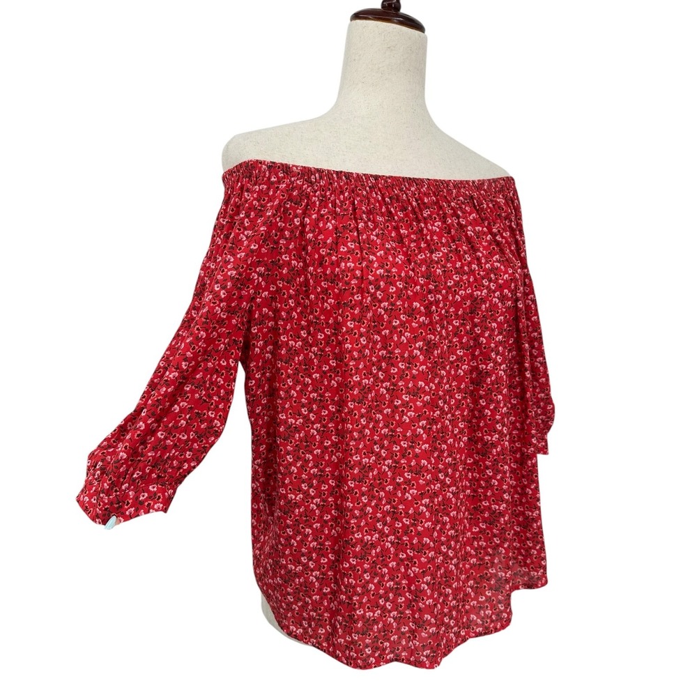 GAP Off-Shoulder Blouse Red Floral Short Sleeve Relaxed Women's XS Country